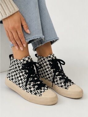 Zara Black & Cream Checkerboard High-Top Sneakers